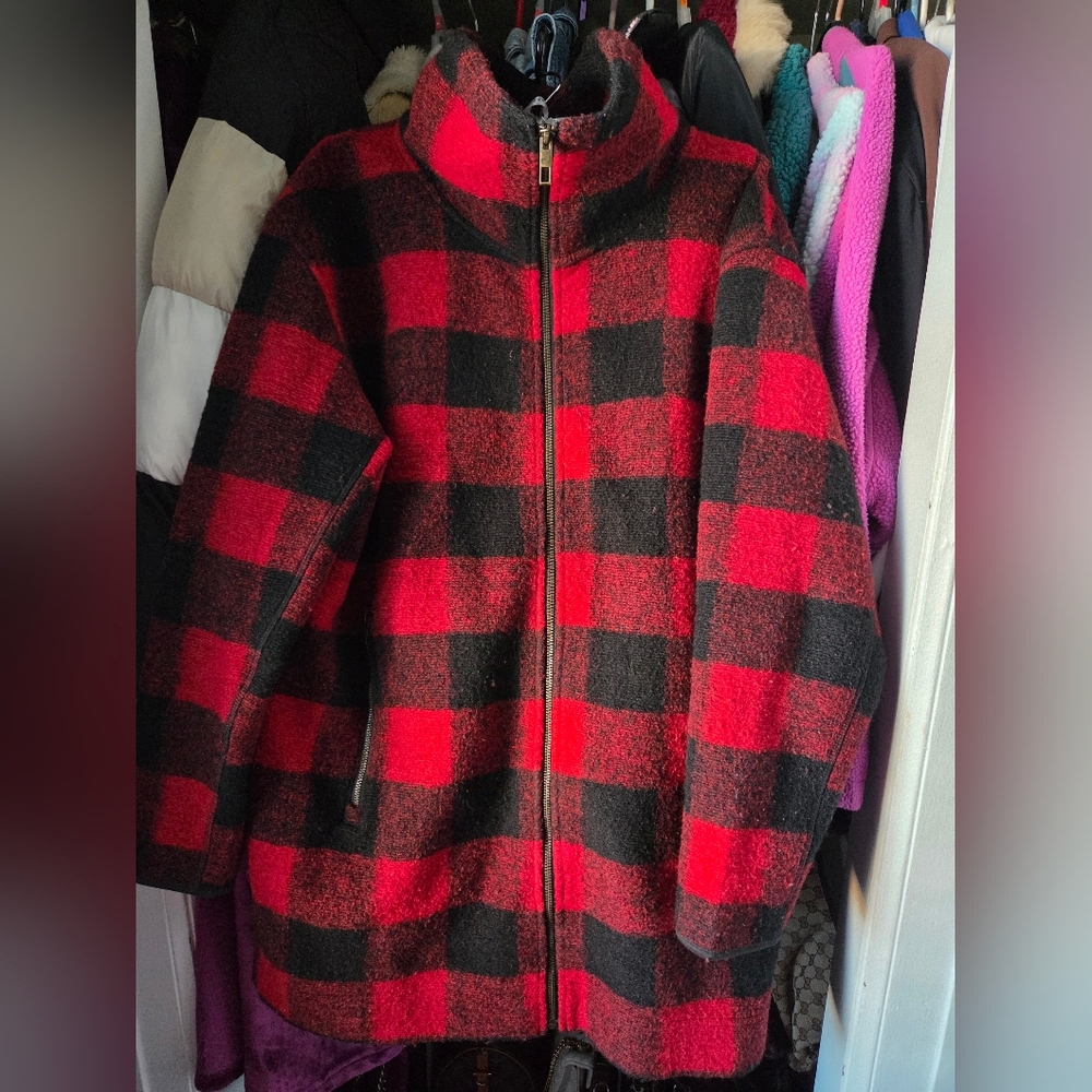 Roots Plaid Mock Neck Zip Pea Coat - Red & Black - Picture 3 of 6